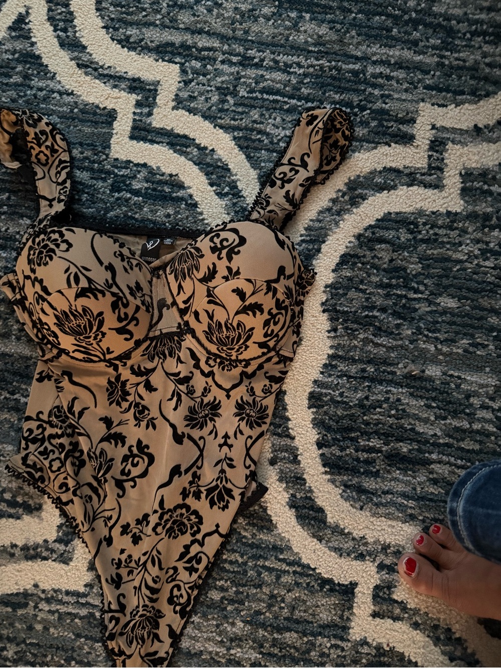 Windsor One-Piece in Beige w/ Black Floral Print Lace - Picture 2 of 5